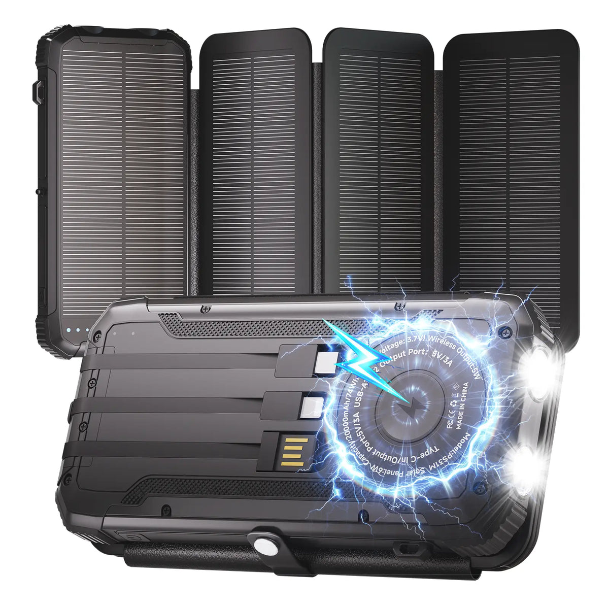20,000mAh Solar Power Bank with 4 Foldable Panels | 15W Fast Charge, Wireless Pad & Built-in Cables