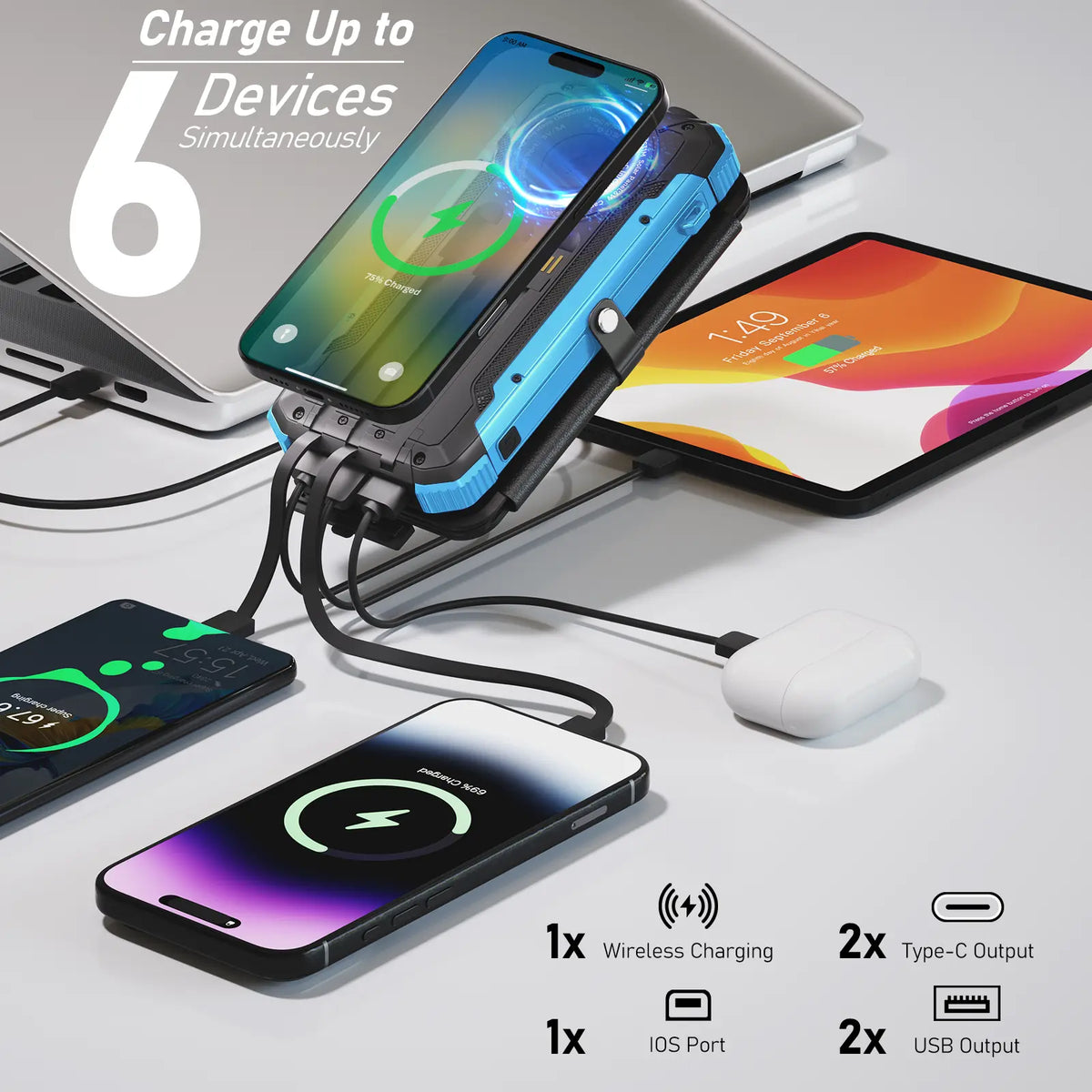 20,000mAh Solar Power Bank with 4 Foldable Panels | 15W Fast Charge, Wireless Pad & Built-in Cables