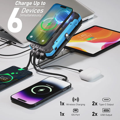20,000mAh Solar Power Bank with 4 Foldable Panels | 15W Fast Charge, Wireless Pad & Built-in Cables