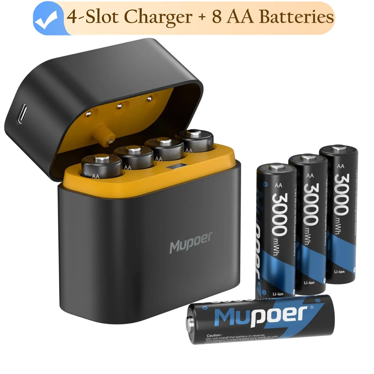 Mupoer Rechargeable AA Lithium Batteries with Charger | 1.5V 3000mWh High Capacity Double A Battery Set