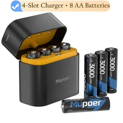 Mupoer Rechargeable AA Lithium Batteries with Charger | 1.5V 3000mWh High Capacity Double A Battery Set