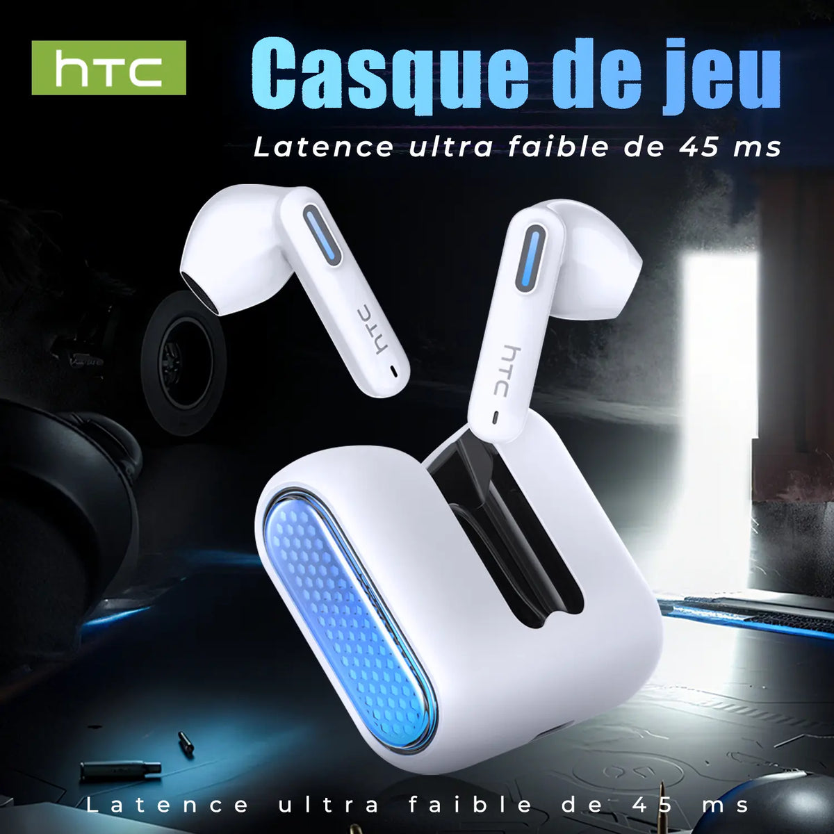 HTC NE49 True Wireless Earbuds | Bluetooth 6.0 Gaming Headset with Mic & IPX5 Waterproof