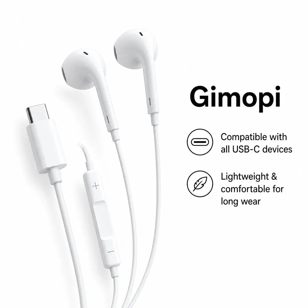 Gimopi USB-C Wired Semi-In-Ear Headphones | HiFi Stereo Earbuds with Built-In Mic