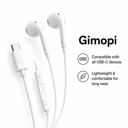 Gimopi USB-C Wired Semi-In-Ear Headphones | HiFi Stereo Earbuds with Built-In Mic