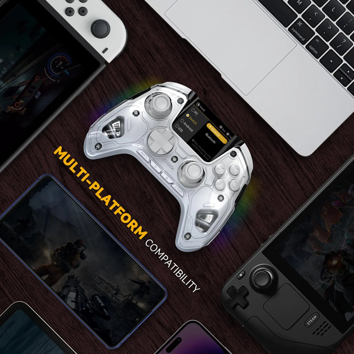 FIEHDUW Wireless Gaming Controller | Rechargeable RGB Gamepad with Remappable Buttons for PC, Switch, iOS & Android