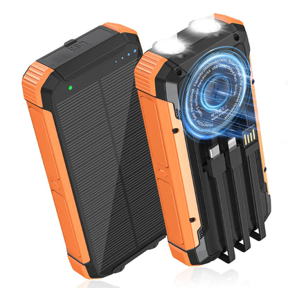 20,000mAh Solar Power Bank with 4 Foldable Panels | 15W Fast Charge, Wireless Pad & Built-in Cables