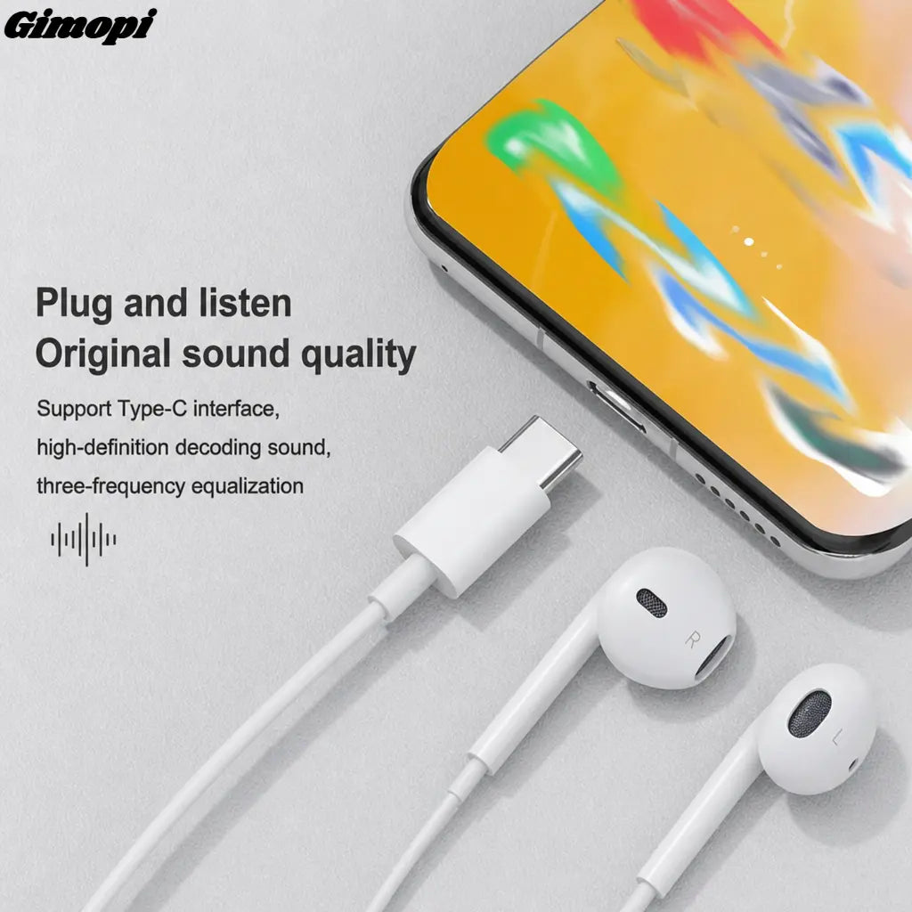 Gimopi USB-C Wired Semi-In-Ear Headphones | HiFi Stereo Earbuds with Built-In Mic