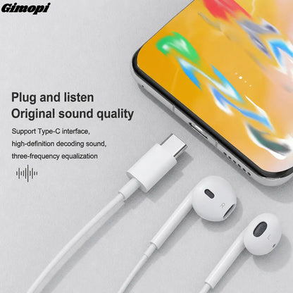 Gimopi USB-C Wired Semi-In-Ear Headphones | HiFi Stereo Earbuds with Built-In Mic