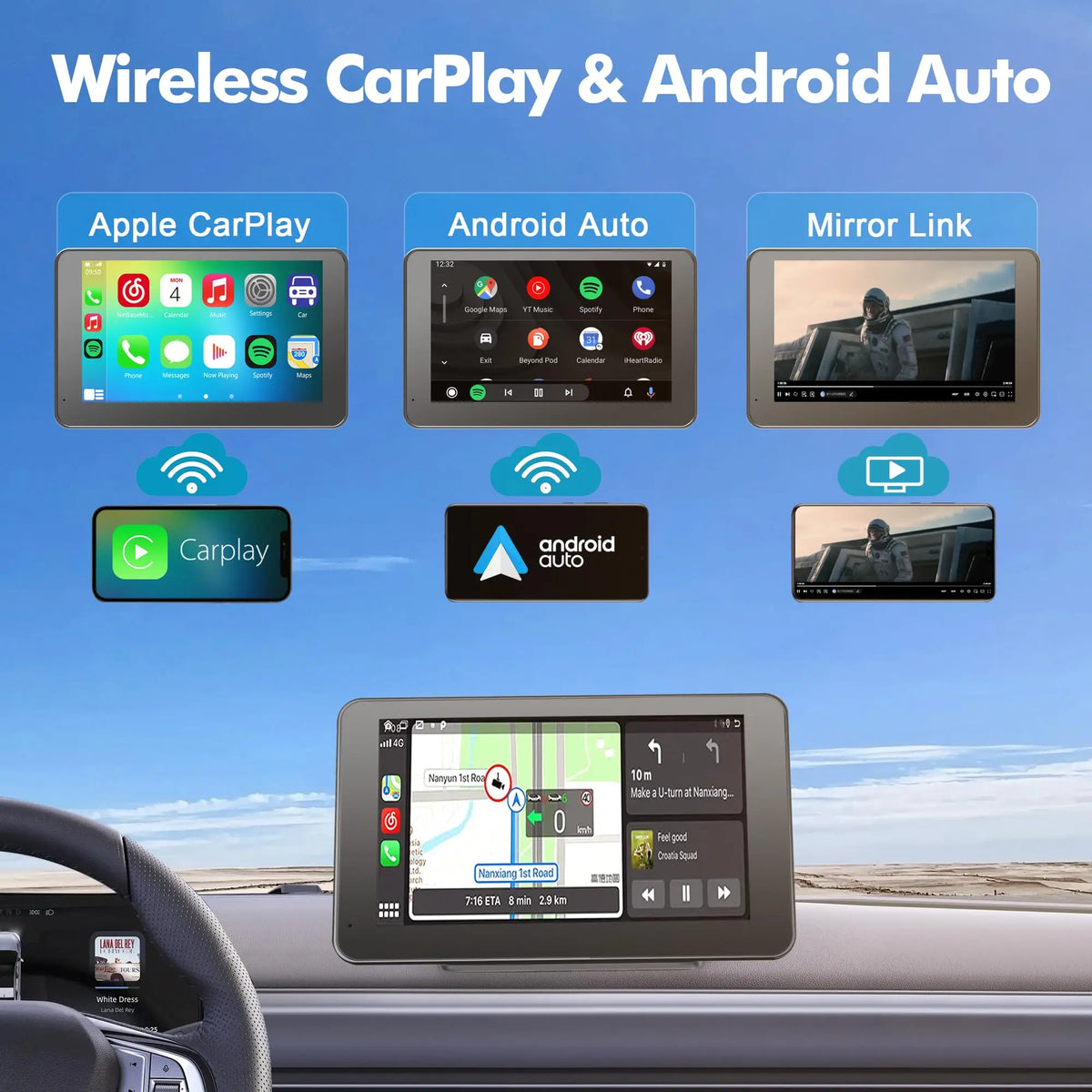 Paslda Portable Wireless Apple CarPlay & Android Auto Screen | Upgraded Plug-and-Play Car Display Adapter