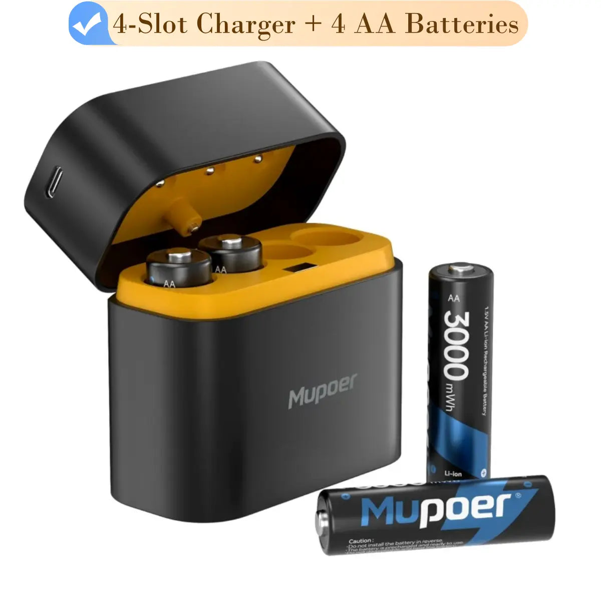 Mupoer Rechargeable AA Lithium Batteries with Charger | 1.5V 3000mWh High Capacity Double A Battery Set