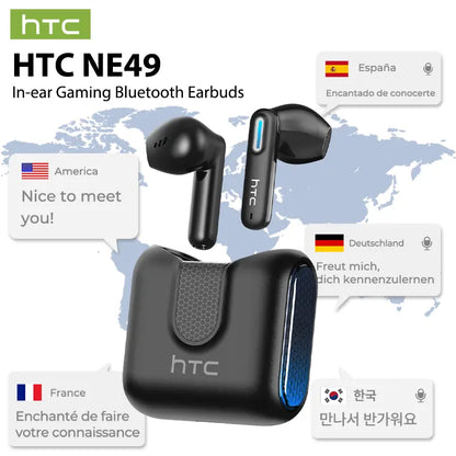 HTC NE49 True Wireless Earbuds | Bluetooth 6.0 Gaming Headset with Mic & IPX5 Waterproof