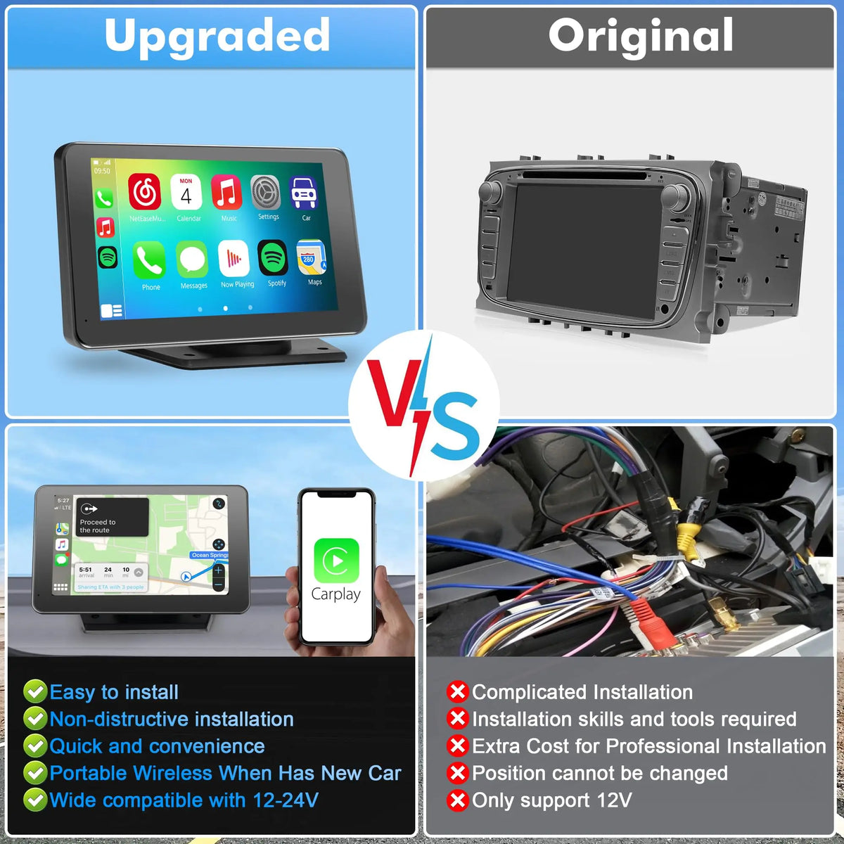 Paslda Portable Wireless Apple CarPlay & Android Auto Screen | Upgraded Plug-and-Play Car Display Adapter