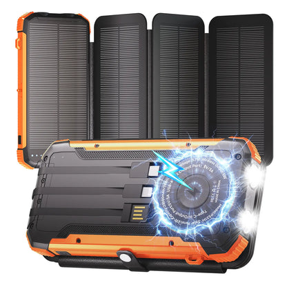 20,000mAh Solar Power Bank with 4 Foldable Panels | 15W Fast Charge, Wireless Pad & Built-in Cables