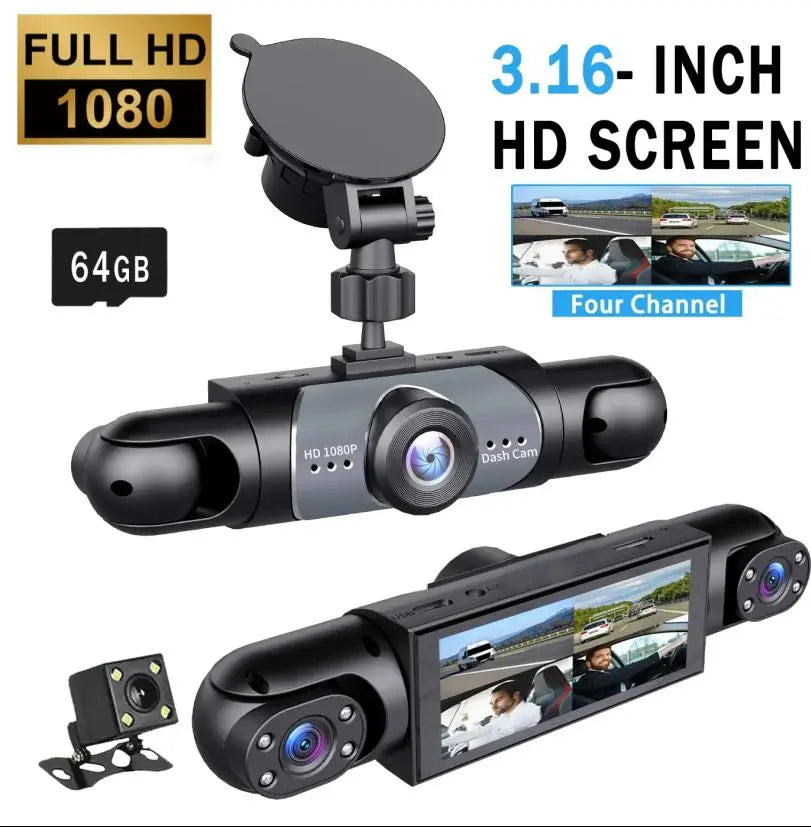 4-Channel Car Dash Cam 1080P HD | 360° Front, Rear & Side Cameras with Night Vision, Parking Mode & 64GB SD Card
