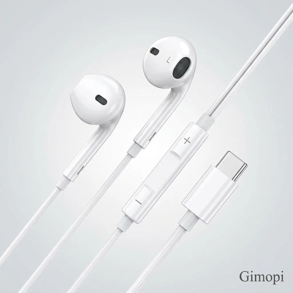 Gimopi USB-C Wired Semi-In-Ear Headphones | HiFi Stereo Earbuds with Built-In Mic