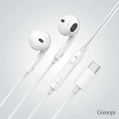 Gimopi USB-C Wired Semi-In-Ear Headphones | HiFi Stereo Earbuds with Built-In Mic