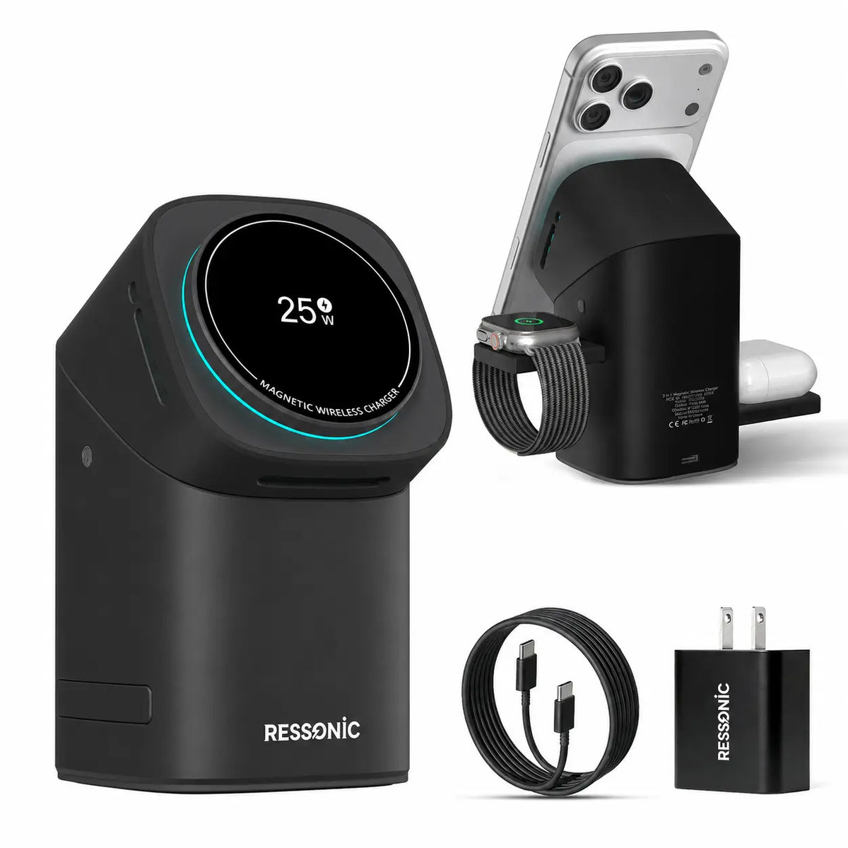 3-in-1 Magnetic Wireless Charger Stand 25W | Qi2 Certified Fast Charging Station for Apple & Samsung