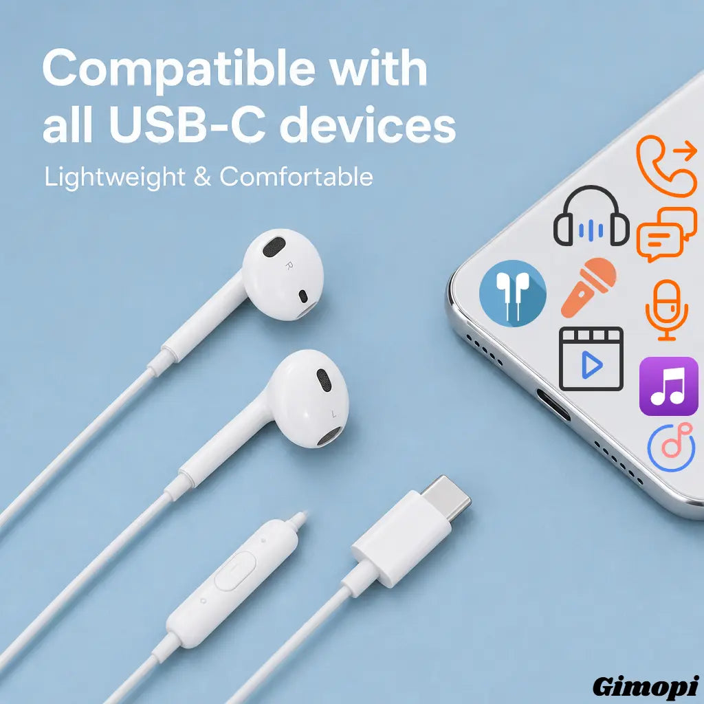 Gimopi USB-C Wired Semi-In-Ear Headphones | HiFi Stereo Earbuds with Built-In Mic