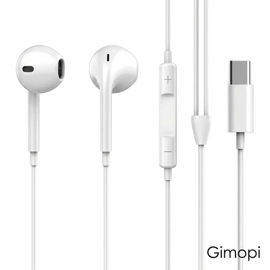 Gimopi USB-C Wired Semi-In-Ear Headphones | HiFi Stereo Earbuds with Built-In Mic