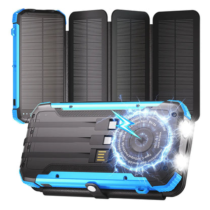20,000mAh Solar Power Bank with 4 Foldable Panels | 15W Fast Charge, Wireless Pad & Built-in Cables