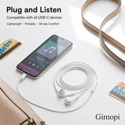 Gimopi USB-C Wired Semi-In-Ear Headphones | HiFi Stereo Earbuds with Built-In Mic
