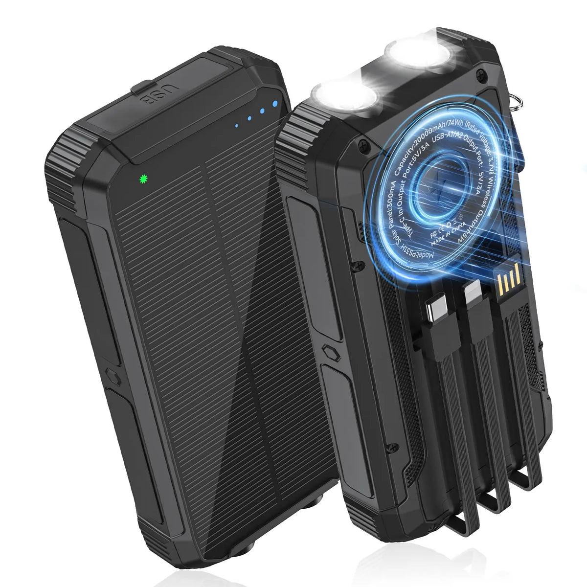20,000mAh Solar Power Bank with 4 Foldable Panels | 15W Fast Charge, Wireless Pad & Built-in Cables