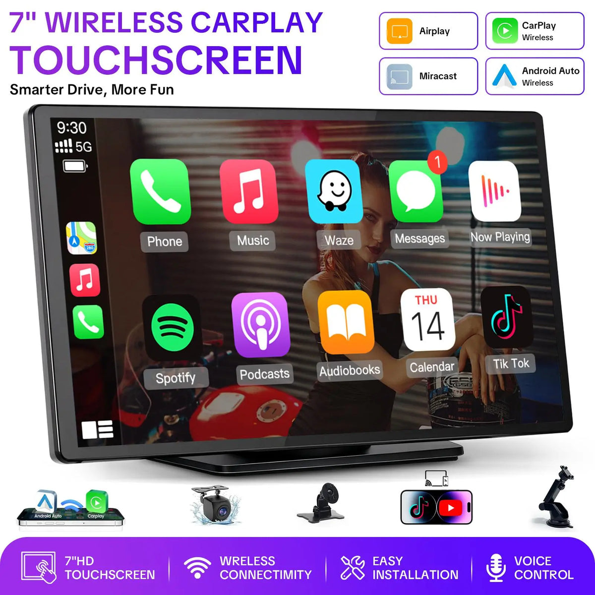 Paslda Portable Wireless Apple CarPlay & Android Auto Screen | Upgraded Plug-and-Play Car Display Adapter