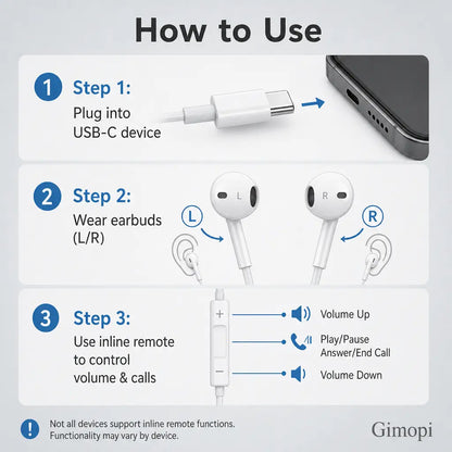 Gimopi USB-C Wired Semi-In-Ear Headphones | HiFi Stereo Earbuds with Built-In Mic