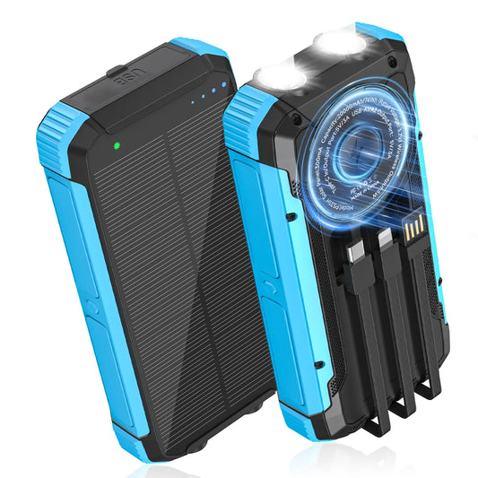 20,000mAh Solar Power Bank with 4 Foldable Panels | 15W Fast Charge, Wireless Pad & Built-in Cables